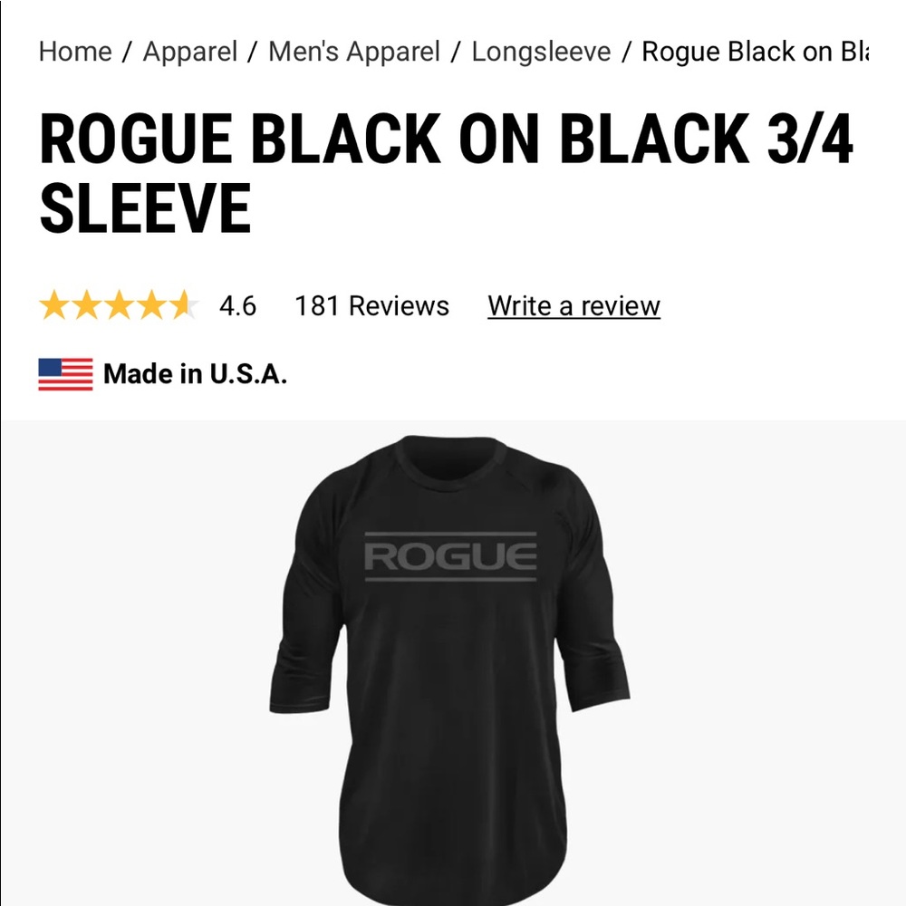 Rogue black on black 3/4 sleeve shirt mens medium